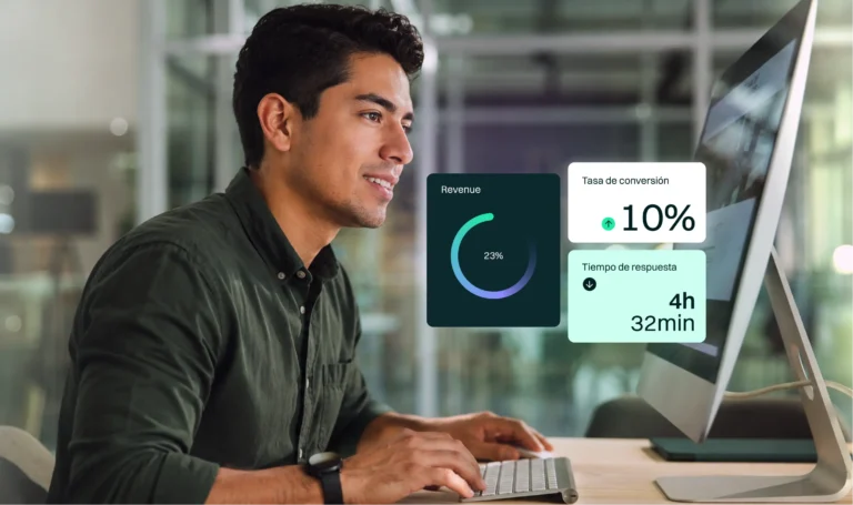 Profesional analizando métricas de revenue y conversión en un dashboard digital para optimizar un funnel de ventas digital y la generación de leads.
